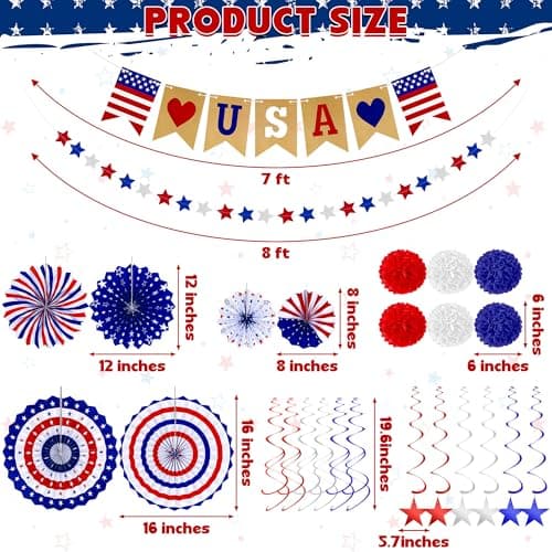 26 PCS 4th of July Decorations, Red White Blue Paper Fans in Patriotic Designs, 4th of July Banner Pompom Star Garland and Hanging Swirls Set for Fourth of July Independence Day Party Supplies Decor - Image 2