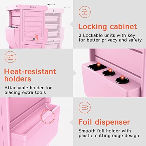 TASALON Professional Salon Trolley Cart, Lockable 6 Trays & 2 Holders, Space Saving Mobile Storage for Hair Salon and Beauty Station​ - Pink - Image 4