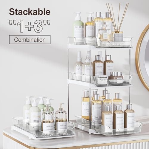 Delamu 2 Sets of 2-Tier Multi-Purpose Bathroom Under Sink Organizers and Storage, Stackable Kitchen Pantry Organization, Pull Out Medicine Cabinet Organizer with 8 Movable Dividers - Image 3