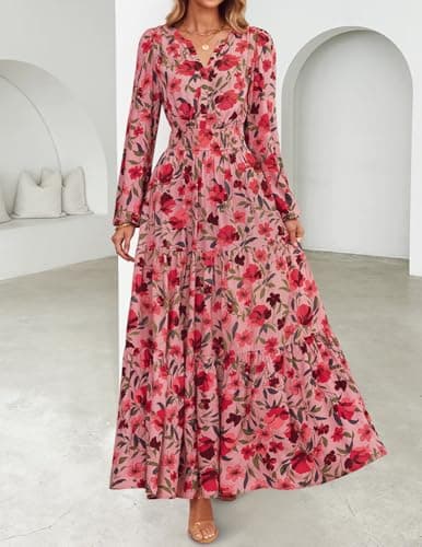 ZESICA Women's 2025 Fall Long Sleeve Maxi Dress Floral Print V Neck Empire Waist A Line Tiered Flowy Boho Party Dresses Vintage Pink Medium - Image 2
