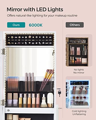 SONGMICS Mirror Jewelry Cabinet Standing Armoire Organizer, Jewelry Storage with Full-Length Frameless LED Lights, Built-in Makeup Mirror, 2 Drawers, Lockable, White UJJC023W01 - Image 4