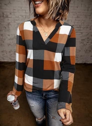 Dokotoo Womens Spring Summer Fall Fashion Casual Ladies Basic Cotton Cuffed 3/4 Long Sleeve Plaid Print V Neck Work Tunic Tops and Blouses Shirts for Women 2024 Orange - Image 3