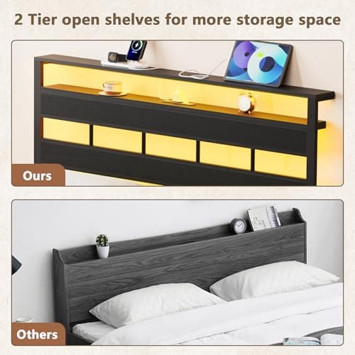 Furnulem Twin Bed Frames with Charging Station and LED Lights, Twin Size Platform Bed with Metal Slats, Wood Headboard with 2-Tier Storage Shelves, No Box Spring Needed, Black Oak - Image 6