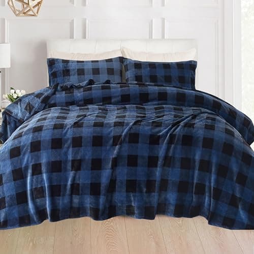 Elegant Comfort Luxuriously Soft 4-Piece Velvet Plush Flannel Sheet Set - Premium Quality - Cozy Warm, Anti-Static, Non Pilling Fuzzy Velvet Flannel Fleece Deep Pocket Sheet Set - Queen, Buffalo Blue - Image 2