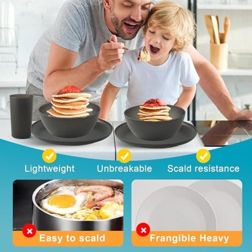 YARRGGU 24pcs Dinnerware Sets,Plastic Plates and Bowls Sets,Dishes Set for 8,Unbreakable Modern Dish Sets,Reusable Dinning Set,Dishware Sets for Kitchen,Party or Picnic, Dishwasher Safe,Black,BPA free - Image 6