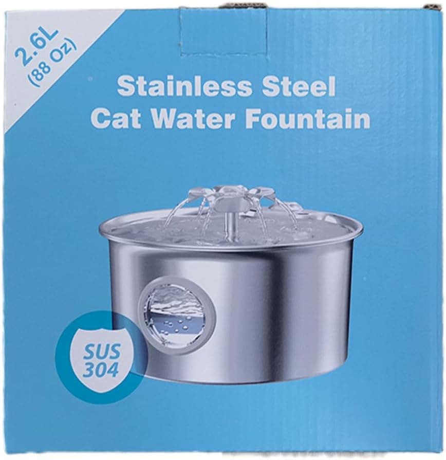 Stainless Steel Cat Water Fountain: 88oz/2.6L Ultra Quiet Pet Fountain with Flower Kitty Spout & LED Blue Light Water Dispenser with Water Level Window for Cats/Dogs Indoor (Silver) - IHOUONE cat Fountain + 1 Filters & 1 Sponges - Image 11