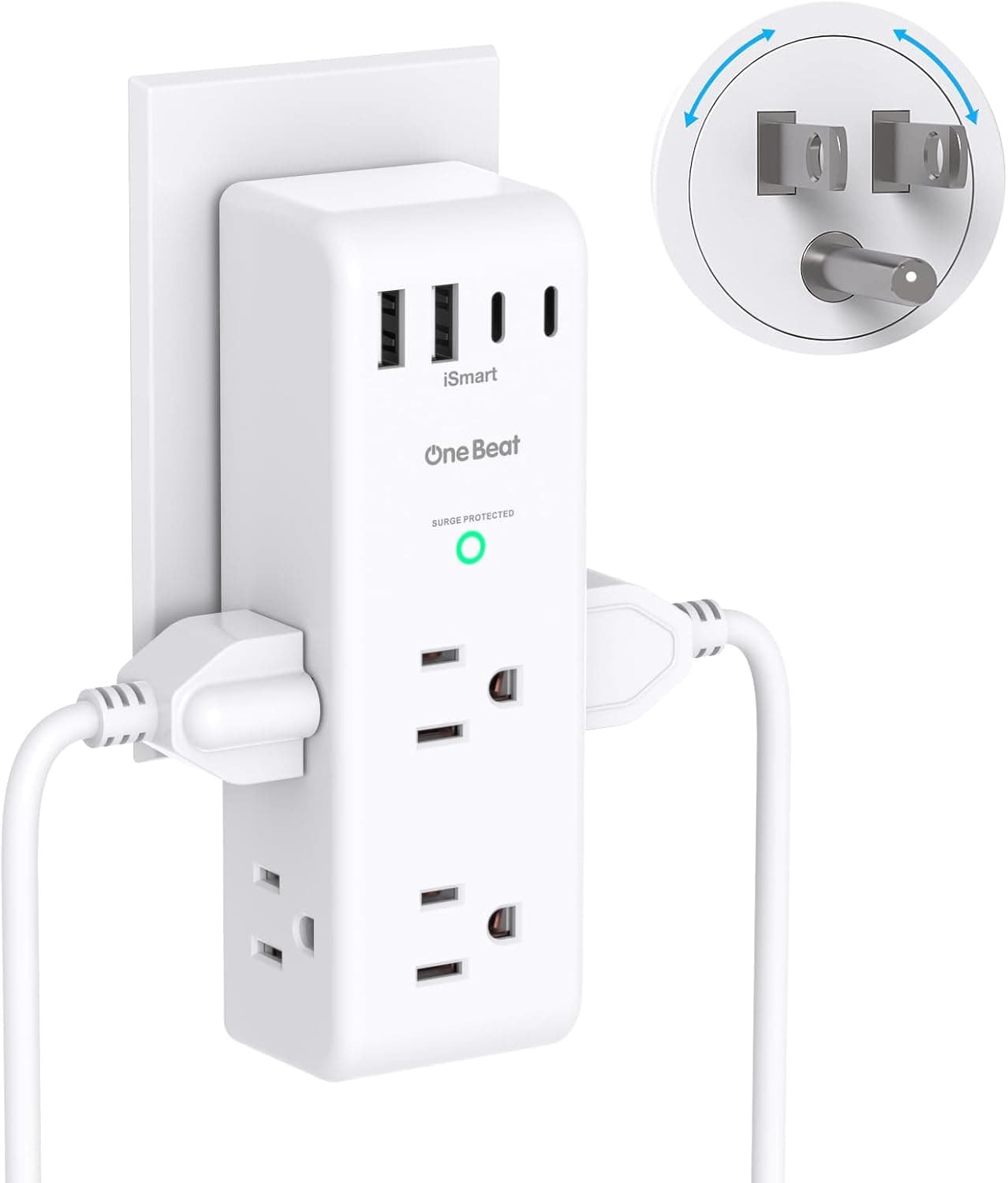 Surge Protector Outlet Extender - with Rotating Plug, 6 AC Multi Plug Outlet with 4 USB Ports (2 USB C), 1800J Wall Charger, 3-Sided Power Strip with Spaced Outlet Splitter for Home, Office, Travel 2C2A, 1 Pack White - Image 2