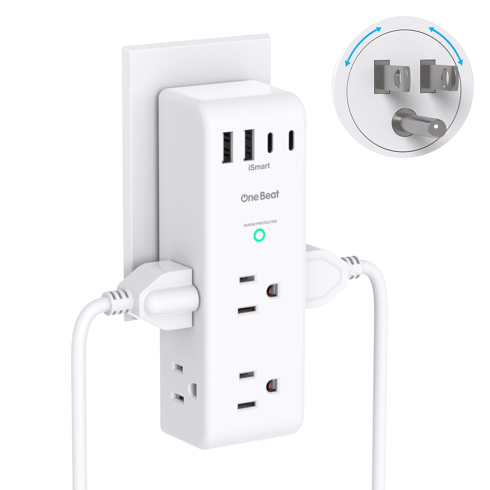 Surge Protector Outlet Extender - with Rotating Plug, 6 AC Multi Plug Outlet with 4 USB Ports (2 USB C), 1800J Wall Charger, 3-Sided Power Strip with Spaced Outlet Splitter for Home, Office, Travel 2C2A, 1 Pack White