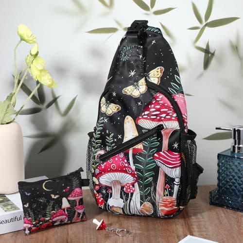 cobee 3 Pcs Mushroom Sling Backpack Set, Adjustable Crossbody Shoulder Bag Multi-pocket Chest Bag with Mushroom Purse Keychain for Men Women, Travel, Hiking, Casual Sport, Climbing, Runners - Image 7