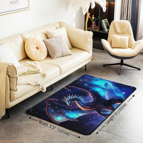 Erosebridal Blue Lightning Dragon Area Rug 3x5 Magical Animal Rug for Teens Fantasy Mysterious Wildlife Carpet Cartoon Starry Sky Nebula Washable Decorative Rug for Bedside - Image 2