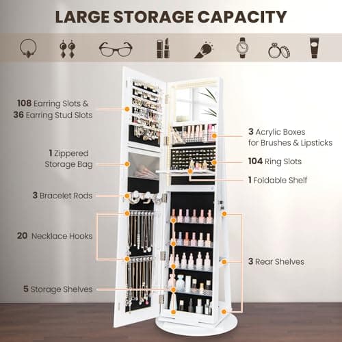 CHARMAID 360° Rotating Jewelry Armoire with LED Lighted Full Length Mirror & Built-in Vanity Mirror, Lockable Standing Jewelry Cabinet with Lights, Large Storage Organizer for Jewelry (White) - Image 4