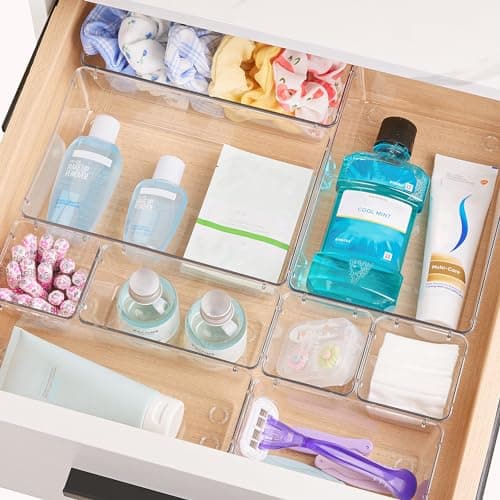 Vtopmart 25 PCS Clear Plastic Drawer Organizers Set, 4-Size Versatile Bathroom and Vanity Drawer Organizer Trays, Storage Bins for Makeup, Bedroom, Kitchen Gadgets Utensils and Office - Image 5