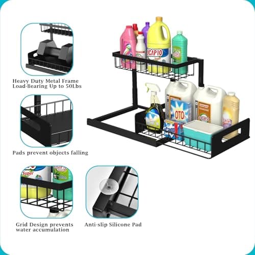 REALINN Under Sink Organizer, Pull Out Cabinet Organizer Slide Out Sink Shelf Cabinet Storage Shelves, Storages for Kitchen Bathroom, Black, 2 Pack - Image 6