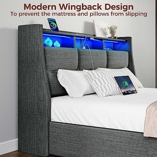 Rolanstar Twin Size Bed Frame with LED Lights and Charging Station, Upholstered Bed Storage Headboard & Drawers, Heavy Duty Wood Slats, Easy Assembly - Image 5