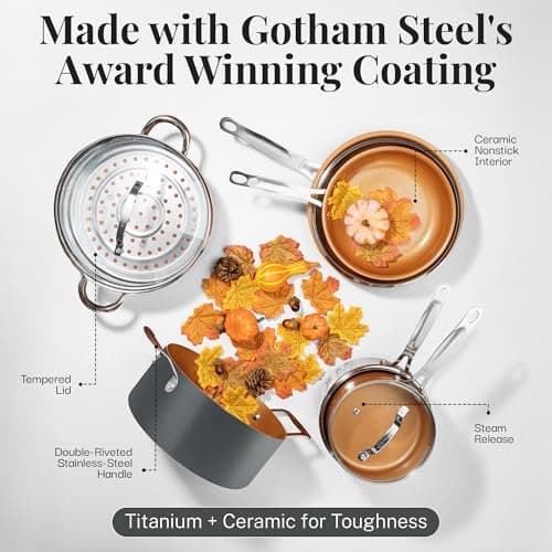 Gotham Steel 12 Pc Ceramic Cookware Set Nonstick, Ceramic Pots and Pans Set Non Stick with Steamer for Cooking, Non Toxic PFOA PFOS Free, Ergonomic Stay Cool Handles, Oven & Dishwasher Safe, Copper - Image 4