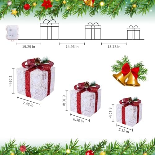 Christmas Decorations, Set of 3 Christmas Lighted Gift Boxes, Battery Operated Xmas Present Boxes, Warm White LED with Bows for Indoor Christmas Tree, Yard, Home Decor - Image 3