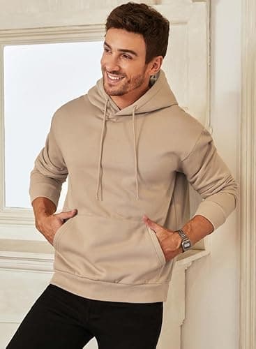 JMIERR Fall Sweatshirts for Mens Comfy Simple Plain Drawstring Hoodies Collar Fleece Long Sleeve with Pockets Hooded Pullovers Casual Loose Fit Shirts Cotton Sweater, US43(L), Khaki - Image 4