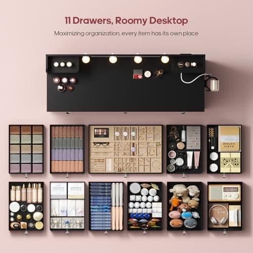 HAUOMS Vanity with Lights and Mirror, 11 Drawer Makeup Vanity with Power Strip, 6 Open Shelves, 43.3” Vanity Desk with Storage, Dressing Table with 3 Color Modes for Bedroom, Women, Girls, Black - Image 3
