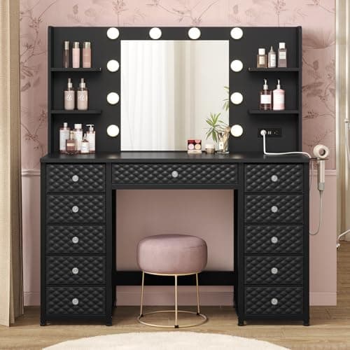 HAUOMS Vanity with Lights and Mirror, 11 Drawer Makeup Vanity with Power Strip, 6 Open Shelves, 43.3” Vanity Desk with Storage, Dressing Table with 3 Color Modes for Bedroom, Women, Girls, Black - Image 8