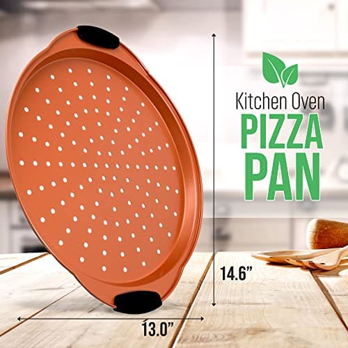 NutriChef 13-Inch Nonstick Pizza Tray - Round Carbon Steel Non-Stick Pizza Baking Pan with Perforated Holes, Premium Bakeware Pizza Screen with Silicone Grip Handles, Dishwasher Safe - Copper - Image 2