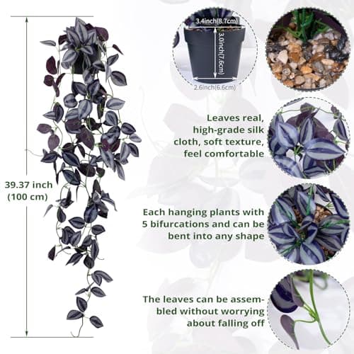 LOYWREE Small Fake Hanging Purple Eyebrow Leaf Plant Artificial Potted Plants Indoor 39-in Long Faux Dark Black Vine Plant with Pot for Shelf Home Office and Outdoor Garden Decor (Black Pot) - Image 2