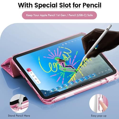 INFILAND Compatible with iPad A16 11th Generation 11 Inch 2025 Case, iPad Case 10th Generation 10.9 Inch, Glitter Cover with Sparkly Clear Back, Pencil Holder, for Kids Girls (Rose Pink) - Image 6