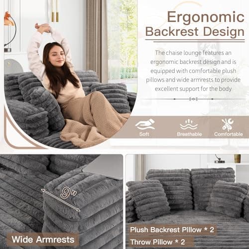 JEEOHEY 56"W Oversized Chaise Lounge Chair Indoor,Plush Faux Fur Sleeper Sofa Couch Bed with Pillows&Wide Armrest,Fluffy Comfy Cloud Sofa,Compression Foam Boneless Couch for Living Room,Bedroom(Grey) - Image 4