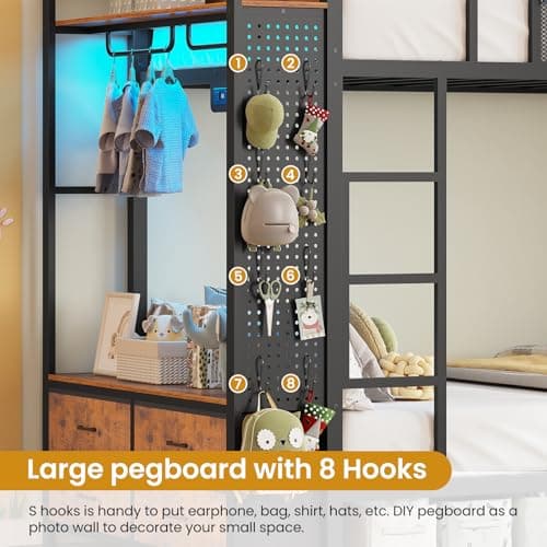 Itaar Metal Bunk Bed Twin Over Twin with Hall Tree, Power Outlet, LED Bunk Bed with 4 Storage Drawers, Bed with Safety Guardrail & Ladders, No Box Spring Needed, Easy Assembly, Rustic Brown - Image 7