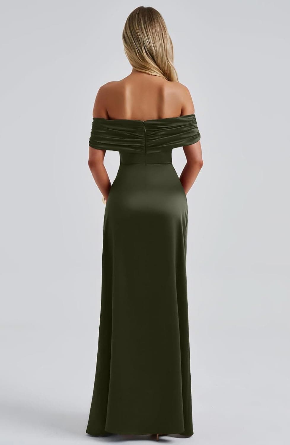 Memoriesea Women's Elegant Off Shoulder High Split Bodycon Evening Wedding Maxi Dress Army Green X-Large - Image 7