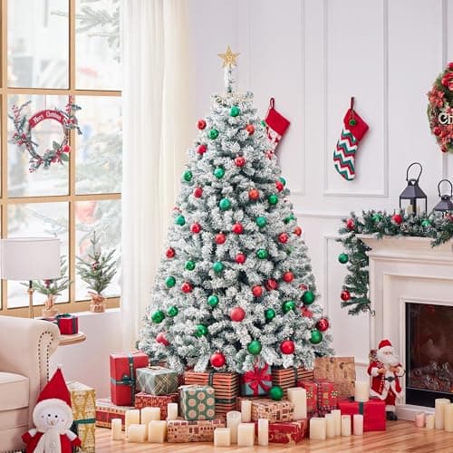 Yaheetech 6ft Pre-lit Artificial Christmas Tree with Incandescent Warm White Lights, Snow Flocked Full Prelighted Xmas Tree W/820 Branch Tips, 250 Incandescent Lights & Foldable Stand, Green & White - Image 5