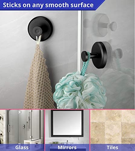 HOME SO Suction Cup Hooks for Shower, Bathroom, Kitchen, Glass Door, Mirror, Tile – Loofah, Towel, Coat, Bath Robe Hook Holder for Hanging up to 15 lbs – Waterproof & Rustproof, Matte Black (2-Pack) - Image 3