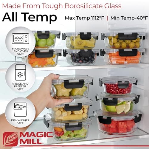 Magic Mill Glass Storage Containers with lids Set | Ultimate 24pc Sets with 12 Food Storage Containers & 12 Airtight Locking Lids for Lunch, Meal Prep, Fridge, Freezer, and Dishwasher Safe, BPA-Free - Image 2