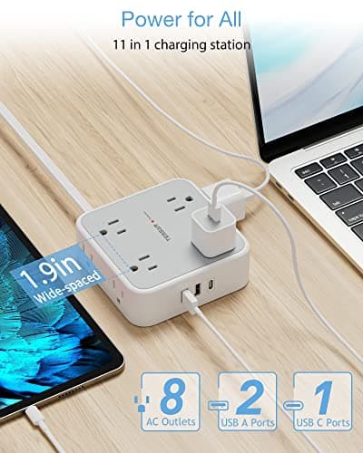 Surge Protector Flat Extension Cord Flat Plug Power Strip, 8 AC Outlets, 3 USB Charger(1 USB C Port) 3-Sided Outlet Extender, 5 Ft, 900 Joules Protection, Office Supplies, Dorm Room Essentials, Grey - Image 2