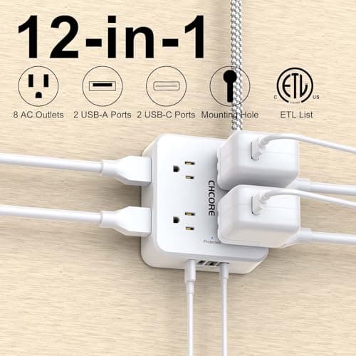 Surge Protector Power Strip - CHCORE 5Ft Braided Extension Cord with 8 Outlets with 4 USB (2 USB C) Charging Ports, Flat Plug Multi Plug Outlet Extender Charging Station for Home Office, ETL, White - Image 2
