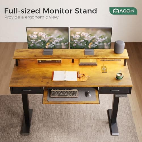 AODK Electric Standing Desk with Drawers & Keyboard Tray, 55 Inch Height Adjustable Gaming Desk with Power Outlets & LED Lights, Sit Stand Table with Monitor Stand for Home, Office, Rustic Brown - Image 5