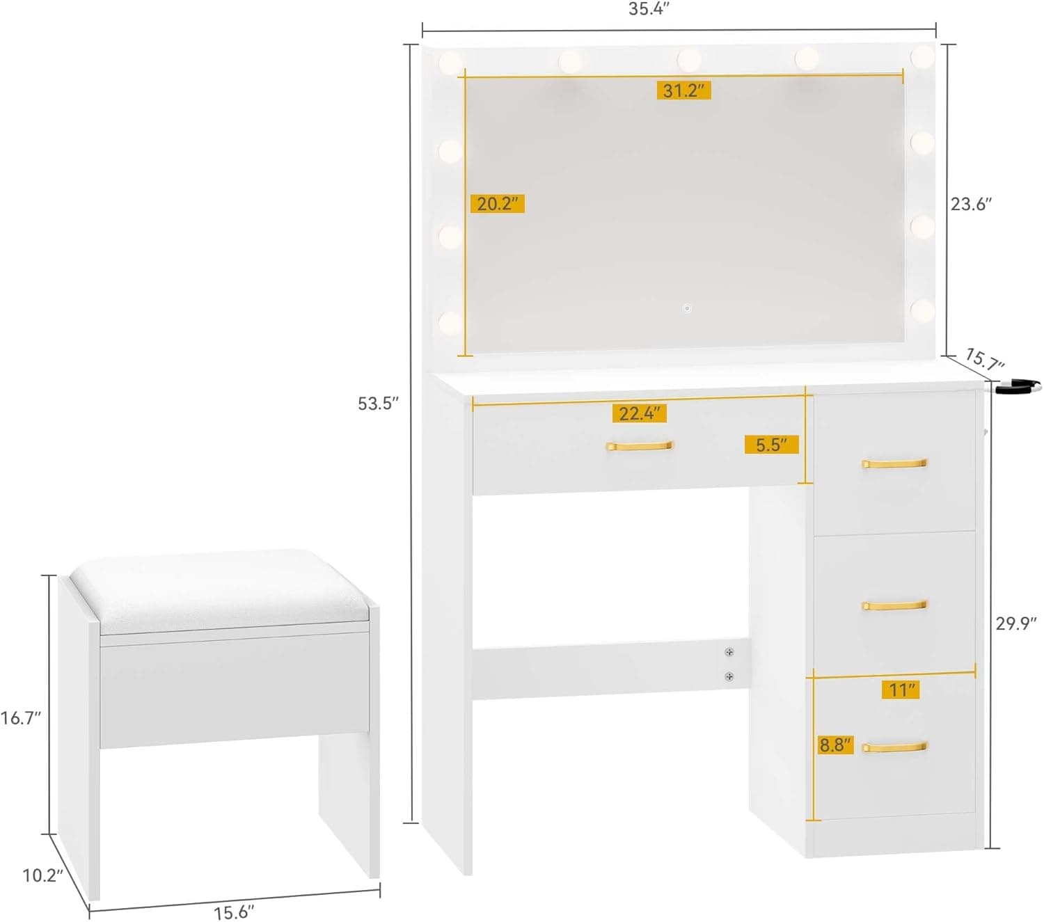 DWVO LED Makeup Vanity Table with 3 Light Modes, 4 Storage Drawers, Built-in Power Outlets & Hairdryer Holder, Dressing Table with Cushioned Stool Cool White Bulbs - Image 6