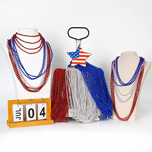 EOBOH 4th of July Party Favors, 12PCS Independence Day Necklaces Bulk, Fourth of July Red Blue Silver Beads Necklace, Patriotic Beads Bulk for Parade Party Celebration Favors Decorations - Image 3