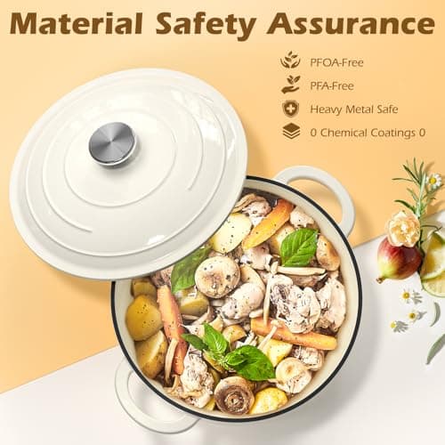 Enameled Cast Iron Dutch Oven - Umite Chef 5QT Pot with Lid & Cotton Potholders - Heavy-Duty Cookware for Bread Baking, Braising, Stews, Roasting(Cream White) - Image 6