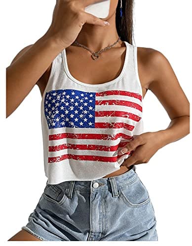 Women's Sexy American Flag Crop Tank 4th of July Patriotic Sleeveless Tee Tops (White,S)