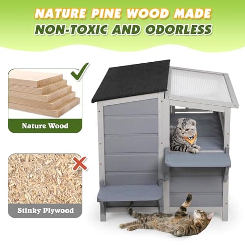 Outdoor Cat House, 2-Tier Warm Wood Cat Shelter with Sunlight Roof, Balcony, Jumping Platforms, Kitty Pet Porch Enclosure, Weatherproof, Openable, Gray - Image 4