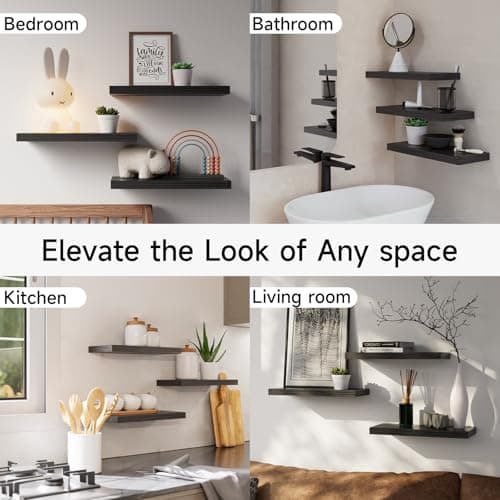 BAYKA Floating Shelves for Wall, Wall Mounted Rustic Wood Shelves for Bathroom, Bedroom, Living Room, Kitchen, Hanging Shelf for Books/Storage/Room Decor with 22lbs Capacity (Black, Set of 3, 15.7in) - Image 7
