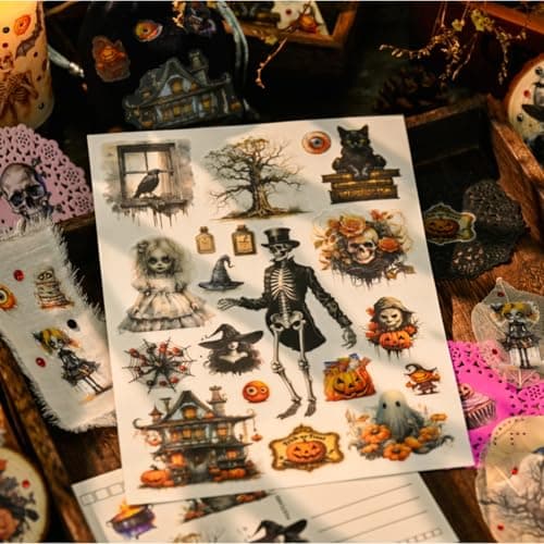 Halloween Rub On Transfer Stickers, 3 Sheets, Vintage Gothic Designs with Skeletons, Pumpkins and Haunted Houses - Image 4