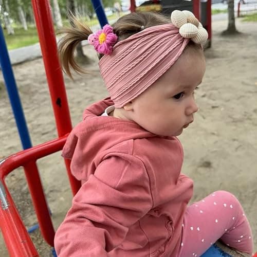 MIUXUESO 3 Pcs Baby Flower Headbands Baby Girls Nylon Headband Soft Hairbands Hair Accessories for Newborn Infant Toddler Kids (Beige Pink Khaki) - Image 4