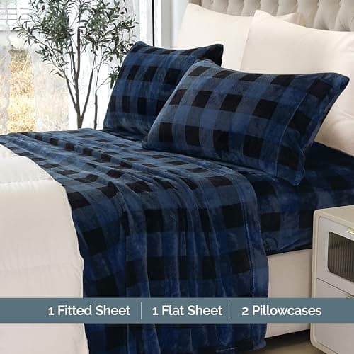 Elegant Comfort Luxuriously Soft 4-Piece Velvet Plush Flannel Sheet Set - Premium Quality - Cozy Warm, Anti-Static, Non Pilling Fuzzy Velvet Flannel Fleece Deep Pocket Sheet Set - Queen, Buffalo Blue - Image 3