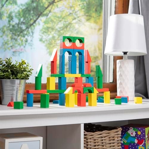 Melissa & Doug 100 Wooden Building Blocks with Storage Box | 100 Pieces, Wooden Blocks In 4 Colors & 9 Shapes, Montessori Toys, Construction Play, Toddler Learning Toys for Kids, Ages 2+ - Image 9