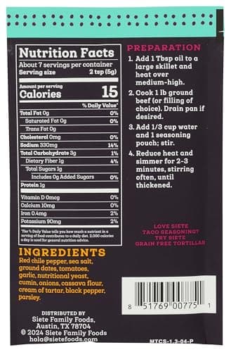 Siete Mild Taco Seasoning Mix | Gluten Free | Vegan | Paleo | Preservative Free | Whole 30 Approved (1 Packet) - Image 2