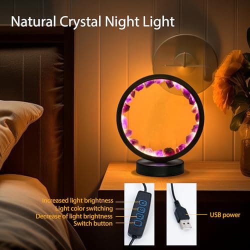 Runyangshi Amethyst Night Lamp 8.6" Natural Healing Crystal Bedside Lamp USB Port 3 Colours Dimming Mode Bedroom Lamp Suitable Night Light for Living Room Bedroom Office Home Decor Ideal Gift - Image 5