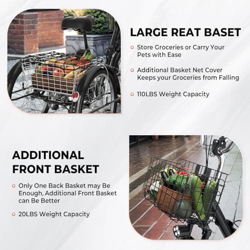 Fastaque Electric Trike for Adults,24" Tire Etrike,3-Wheel Electric Bicycle with Removable 48V/13Ah Battery,Electric Tricycle with Front & Rear Large Cargo Basket,Black - Image 7