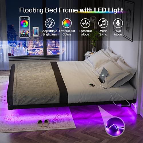 OLEVS King Size Floating Bed Frame, Metal Platform, with LED Light and Charging Station, No Box Spring Needed, Noise-Free, Easy Assembly - Image 4