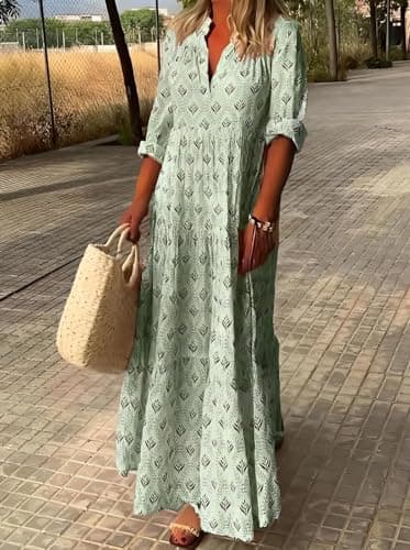 Long Sleeve Boho Dresses for Women Spring Trendy Floral Print Vintage Flowy Dress Baggy Tiered Dress Green M - Image 2